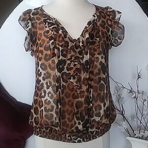 Express Blouse Top Y2K Frilly Flutter Leopard Cheetah Feminine Chiffon S…